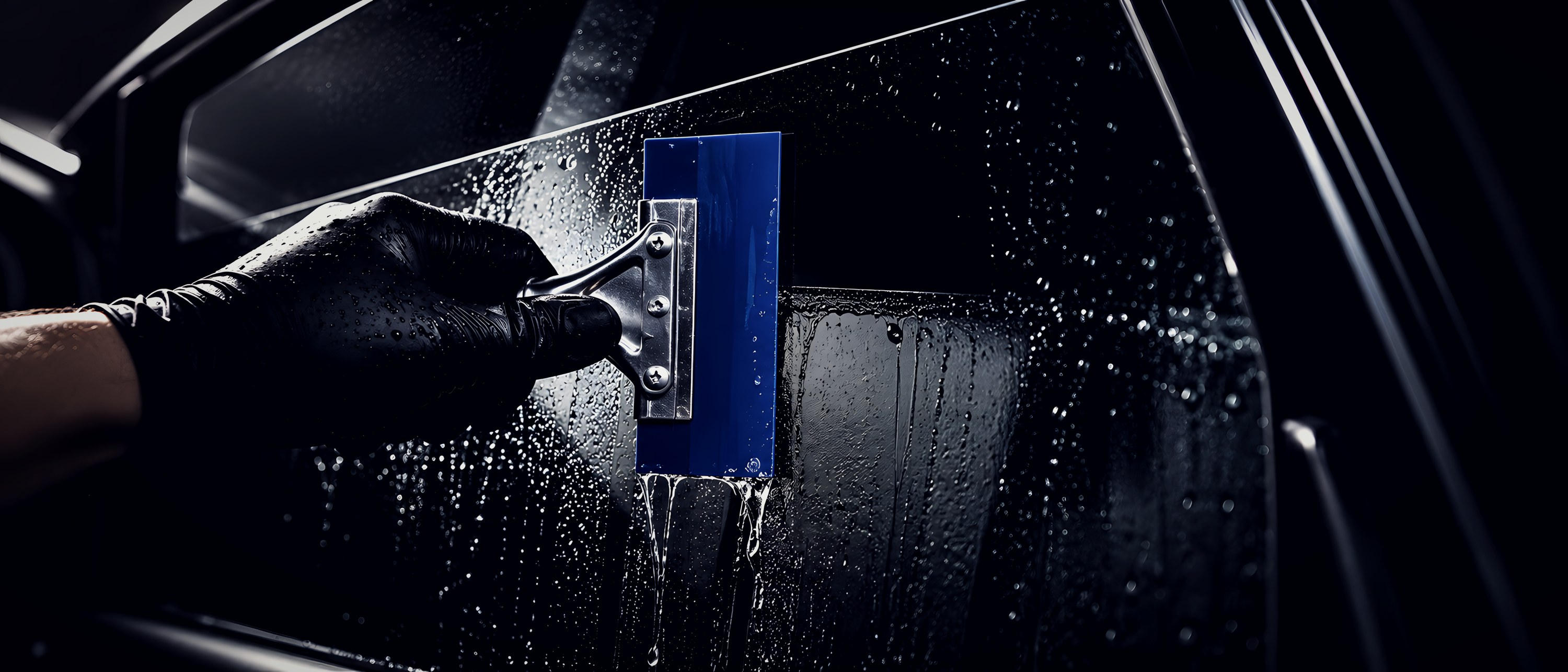 Gloved hand drawing a squeegee across film on a wet car window